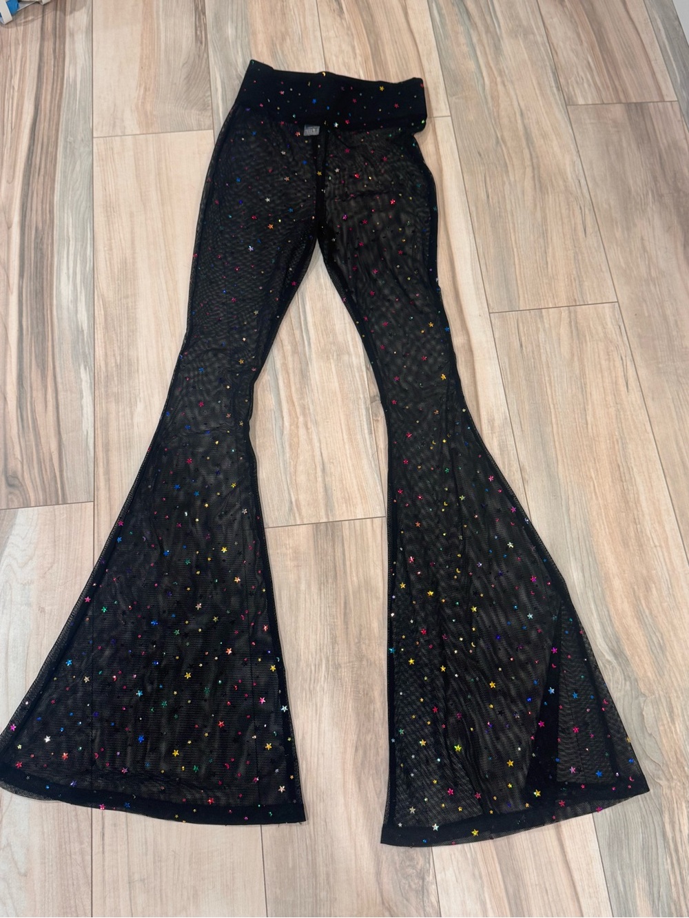 Women’s iHeartRaves Holo Star Mesh Bell Bottoms Sheer | Size Small